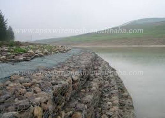 Hot Galvanized / Pvc Coated Mesh Gabion Baskets Stone Filled River Protect